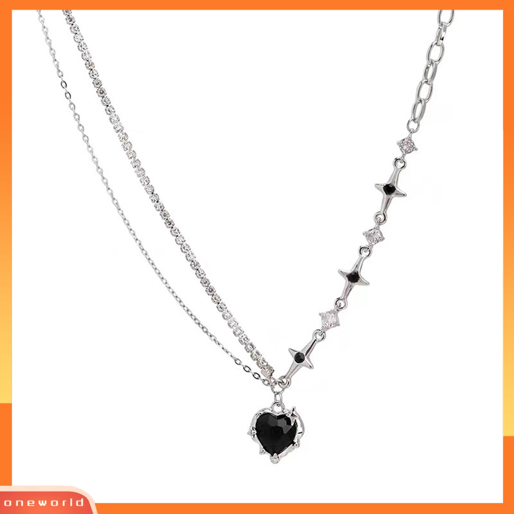 [EONE] Wanita Kalung Dengan Liontin Hati Hitam Shiny Cubic Zirconia Hias Bintang Punk Asimetris Klavikula Kalung Fashion Perhiasan