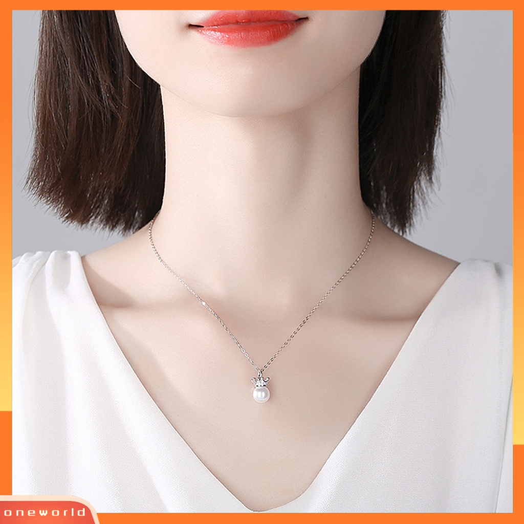 [EONE] Rantai Klavikula Bentuk Mahkota Bersinar Liontin Mutiara Imitasi Finishing Terang Anti Karat Berdandan Colorfast Bulat Liontin Kalung Aksesori Pakaian