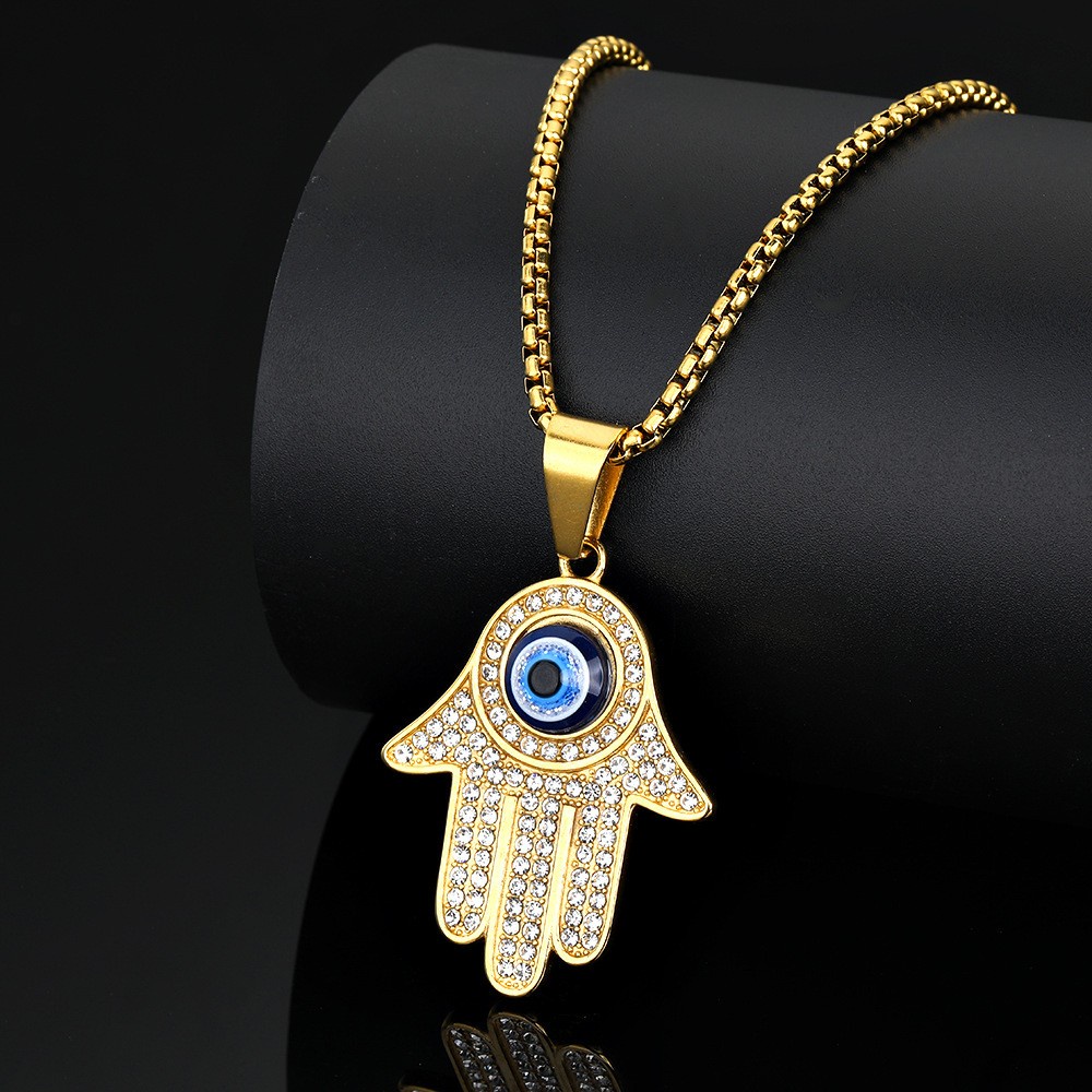 [X C Kalung] New Titanium Steel Vacuum Lapis Emas Fatima Beruntung Palm Devil's Eye Pendant Necklace Untuk Pria