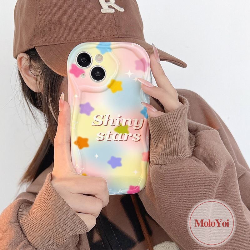 IPHONE Casing Huruf Bintang Kartun Warna-Warni Kompatibel Untuk Iphone11 14 12 13 Pro Max XR 7 8 6s 6 Plus X XS Max SE 2020 7Plus 8Plus Shockproof Glossy 3D Wavy Curved Edge Soft Cover