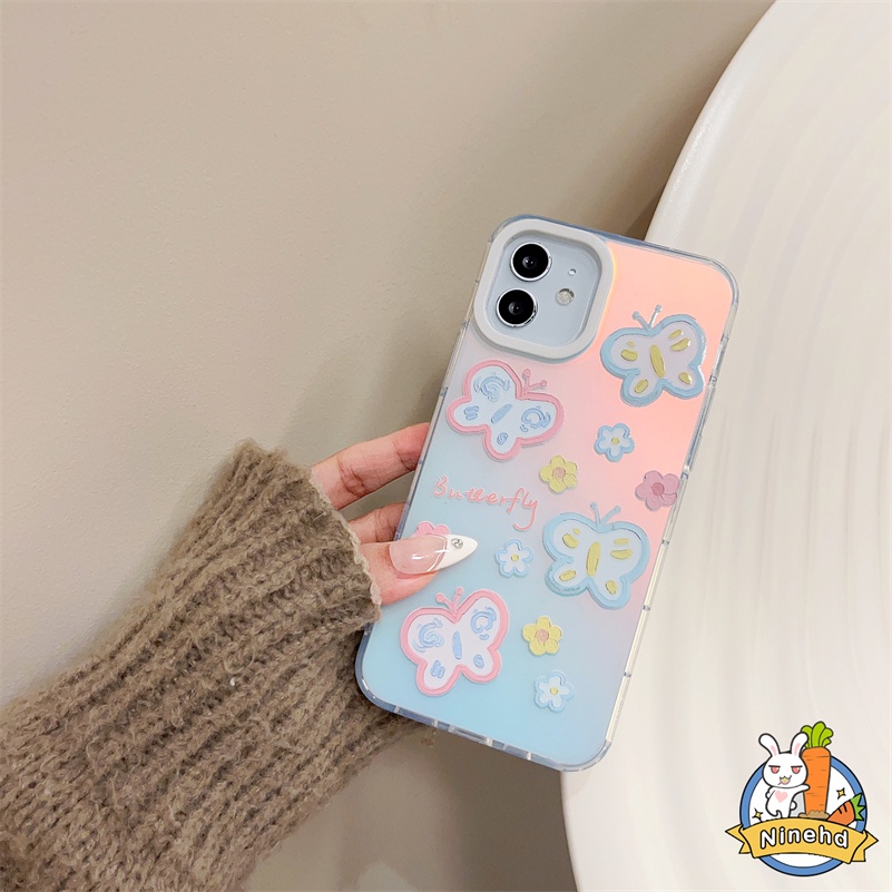 Gradient Laser Flowers Butterfly iPhone Case Kompatibel Untuk Iphone14 13 12 11 Pro Max X Xr Xs Max 8 7 6 Plus SE 2020 Bening Shockproof Silikon Ponsel Soft Case Cover Pelindung