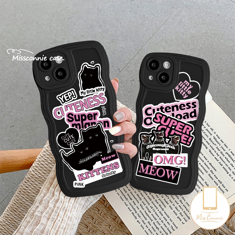 IPHONE Ins Trendy Stiker Label Ponsel Case Kompatibel Untuk Iphone7 6s 14 8 6 Plus XR X XS Max 7Plus 11 13 14 12 Pro Max SE 2020 Wavy Edge Cute Kartun Kucing Anjing Lembut Tpu Couple Cover