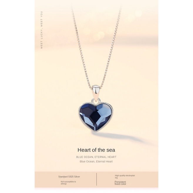 Ocean Heart Kalung Sterling Silver Austria Kristal Liontin Versi Korea Fashion Cinta Hati Rantai Klavikula Berbentuk Hati Hadiah Peringatan