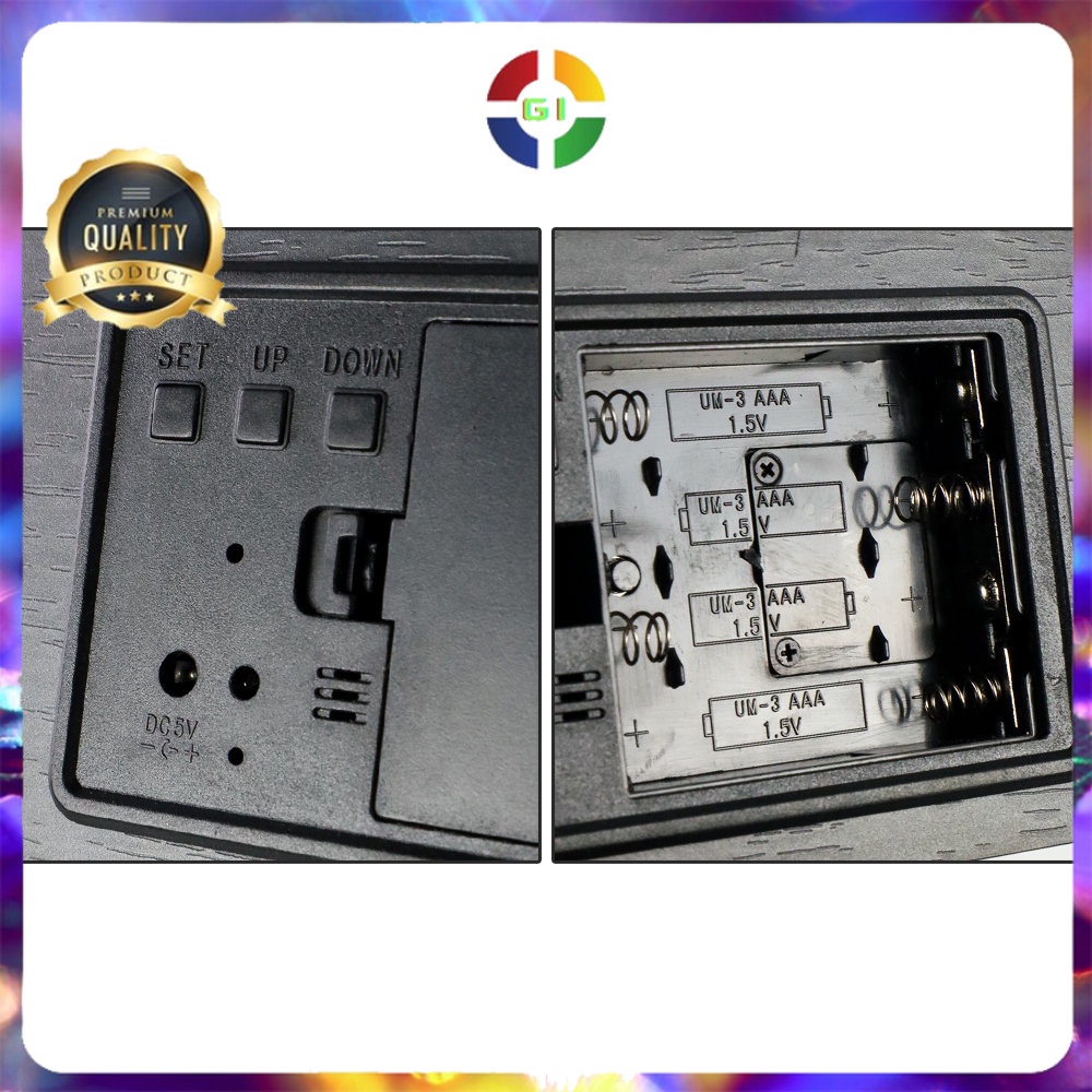 Jam Weker Alarm Motif Kayu Digital Voice Control Black White