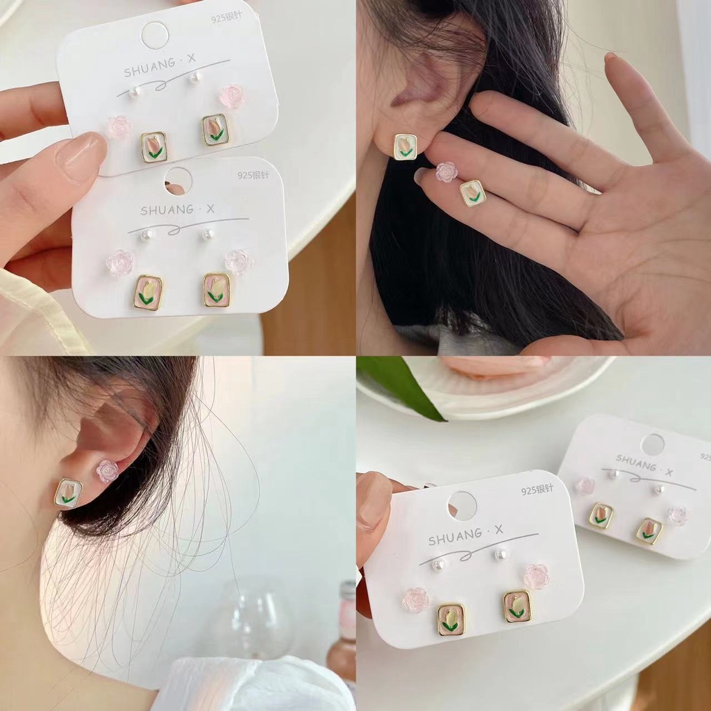 Anting Mutiara Tulip Musim Semi Dan Musim Panas Set Tiga Potong2023Pasangan Baru Anting Kecil Dan Indah Perempuan Wanita