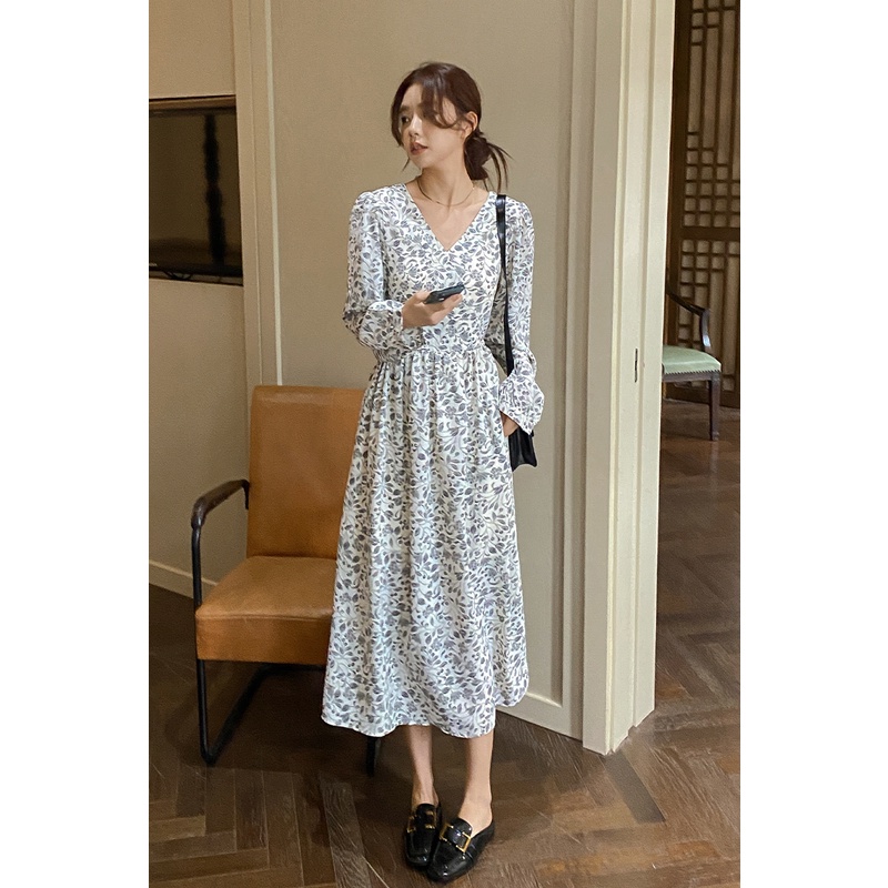 AIMEI V-neck floral long-sleeved dress female 2023 new French long dress