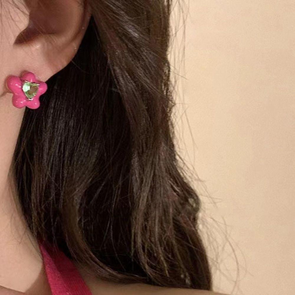 Mxbeauty Korea Anting Hati Hadiah Trendi Vintage Y2K Elegan Berlian Imitasi Glasir Sederhana Anting Bunga