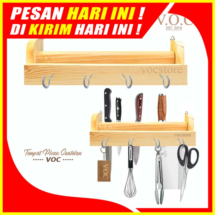 (H53) Rak Tempat Pisau Kayu Gantung Dapur Dengan Cantelan Gantungan Pisau