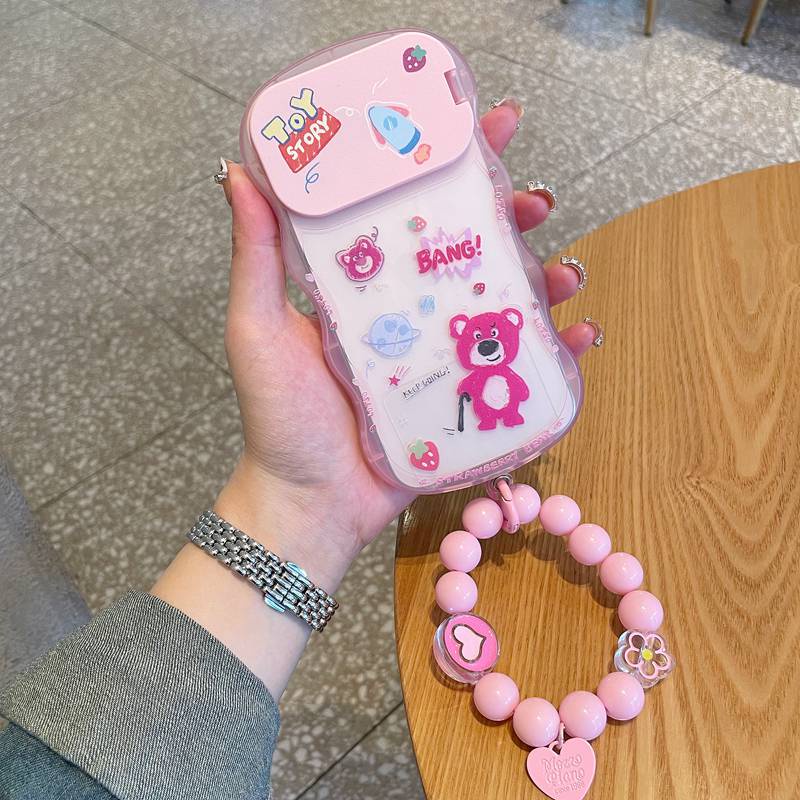 Strawberry Bear Toy Mirror Bracelet Soft TPU Case HP iP iPhone 14 + Plus 11 12 13 Pro Max X XS XR Max Girl Woman FTD Casing Apple