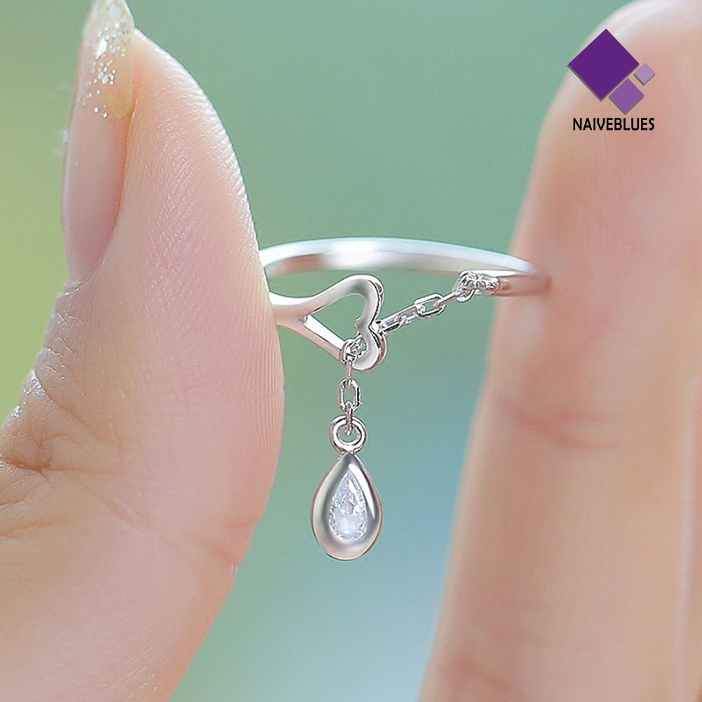 &lt; Naiveblues &gt; Rantai Adjustable Teardrop Cubic Zirconia CZ Cincin Pembukaan Hati Berongga