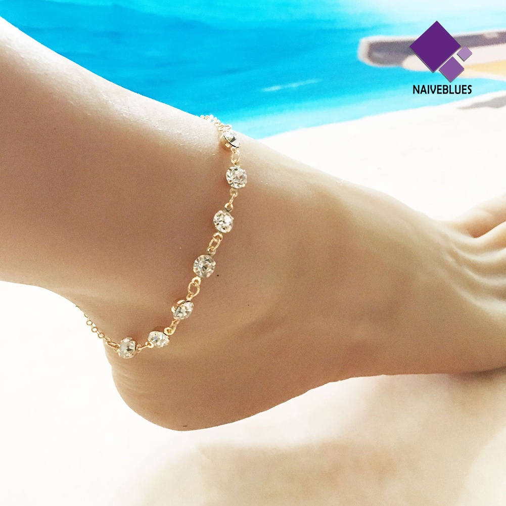 &lt; Naiveblues &gt; Fashion Wanita Berlian Imitasi Bertatahkan Gelang Kaki Sandal Pantai Ankle Chain Jewelry