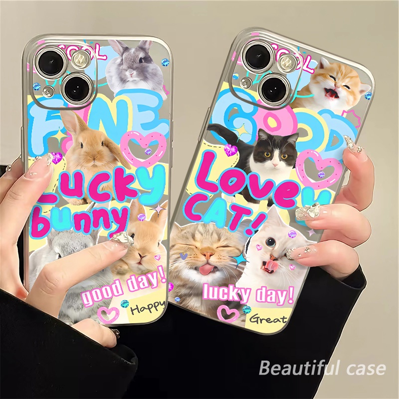 IPHONE Soft Electroplate Case Kompatibel Untuk Iphone14 13 12 11 Pro XS Max XR X8+76S Plus Mini Lucu Kelinci Kucing Casing TPU Silikon Shockproof Phone Cover