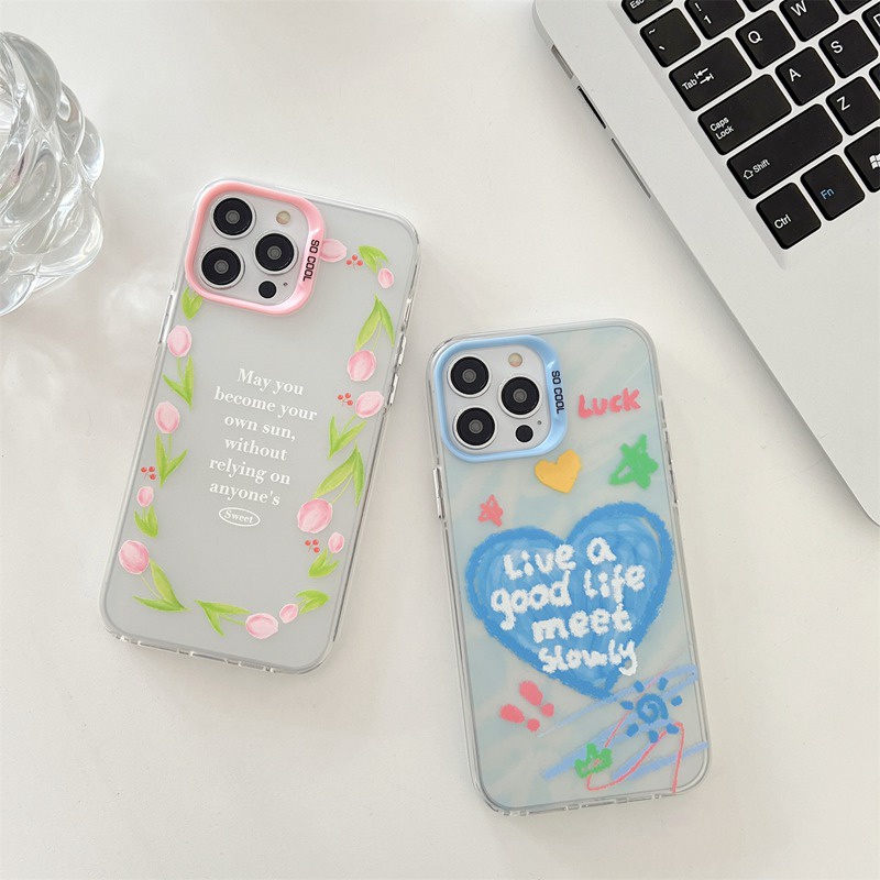 Lucky Blue Love Circle Tulips Skin Feel Soft Case HP iP iPhone 12 13 14 Pro Max 11 Woman Girl FTD Casing Apple