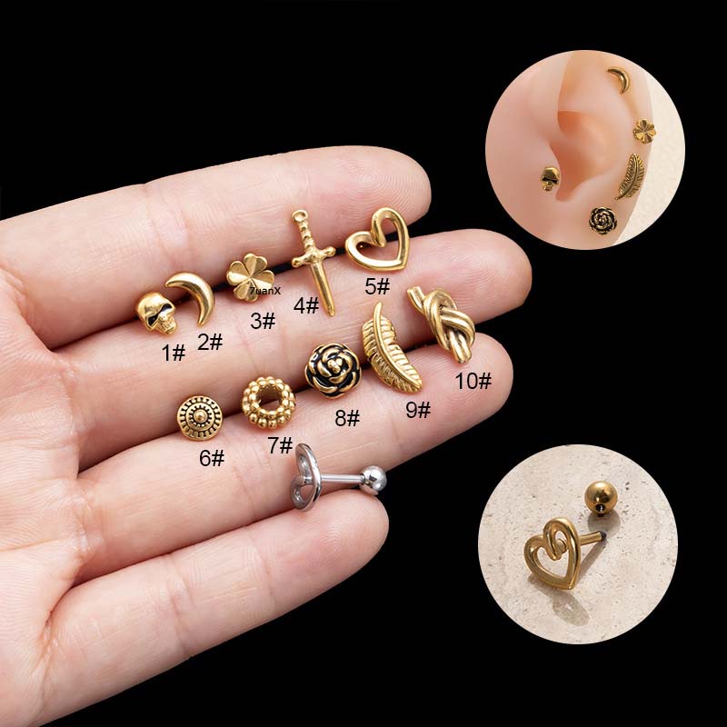 1biji Tengkorak Kepala Bulan Beruntung Bunga Hati Bulu Bentuk Tulang Rawan Anti Helix Tragus Tindik 16Gauge Stainless Steel Barbel Anting Stud