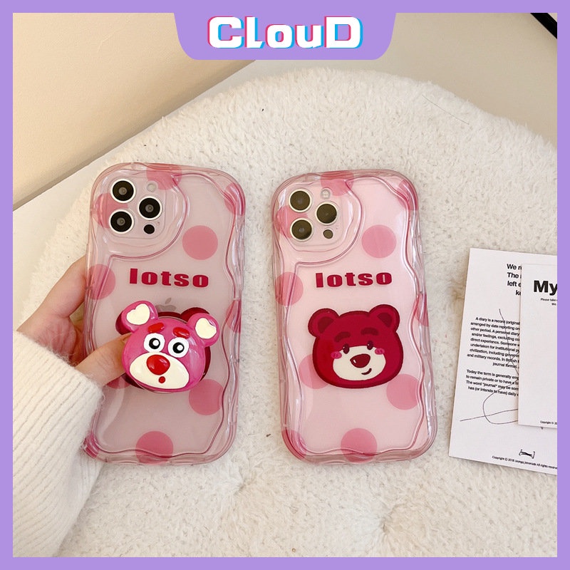 IPHONE Soft Case Beruang Strawberry Lucu Kompatibel Untuk Iphone11 13 14 12 Pro Max7 8 6s 6 Plus X XR XS Max SE 2020 Titik Kartun Manyo 3D Wavy Curved Edge Wave Glossy Cover