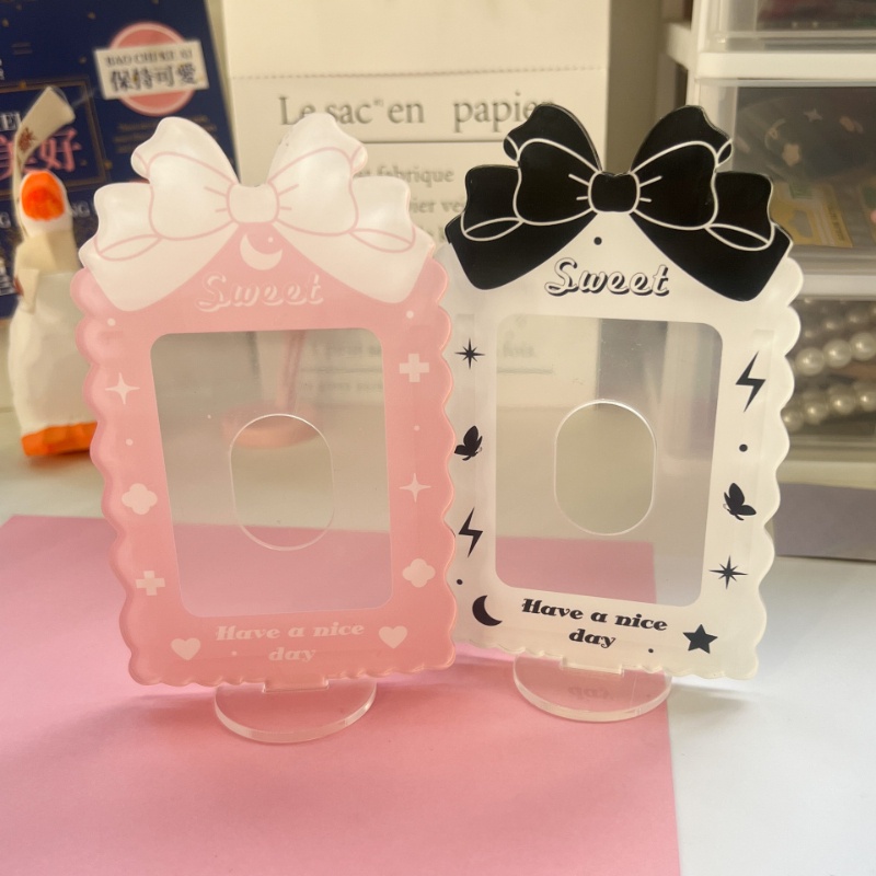 Pink Bow Acrylic Frame Foto Kawaii 3inch Color Card Holder Idol Photocard Pelindung Case Desktop Display Frame Dekorasi Desktop