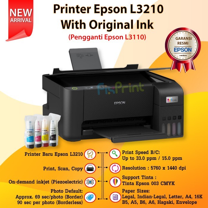 EPSON L3210 PRINT SCAN COPY A4 GARANSI RESMI PENGGANTI L3110 - Tanpa Tinta, L3210 Hitam