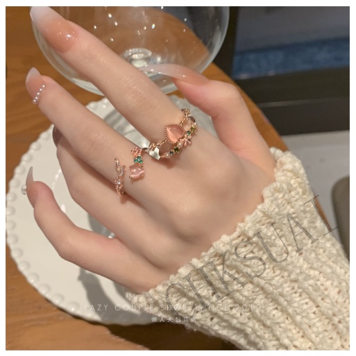 Cincin Bunga Wanita Ganda Hati Zirkon Terbuka Cincin Perempuan Desain Manis Niche Adjustable Ring