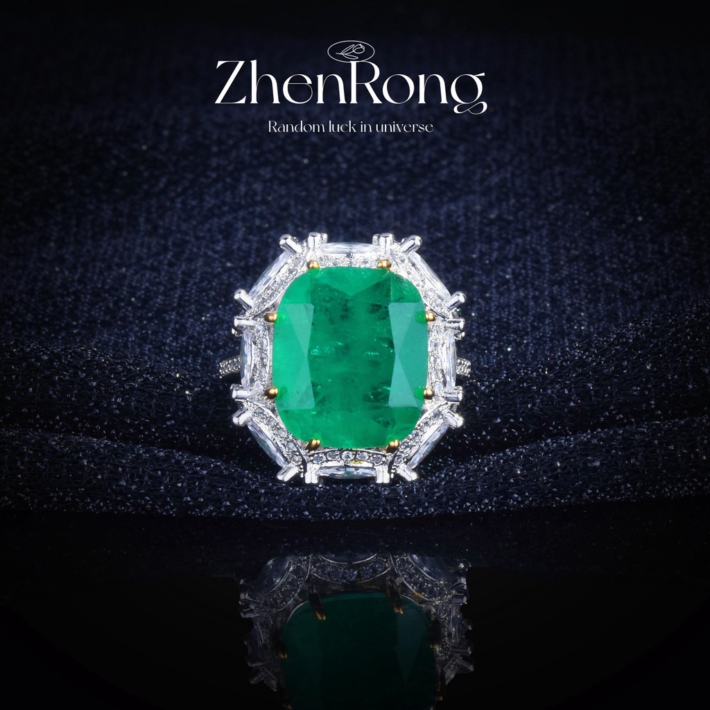 Goldkingdom Aksesoris Perhiasan Fashion Ready Stock Mewah Perak Natural Emerald Persegi Panjang Berlian Hijau Warna-Warni Harta Cincin Perempuan