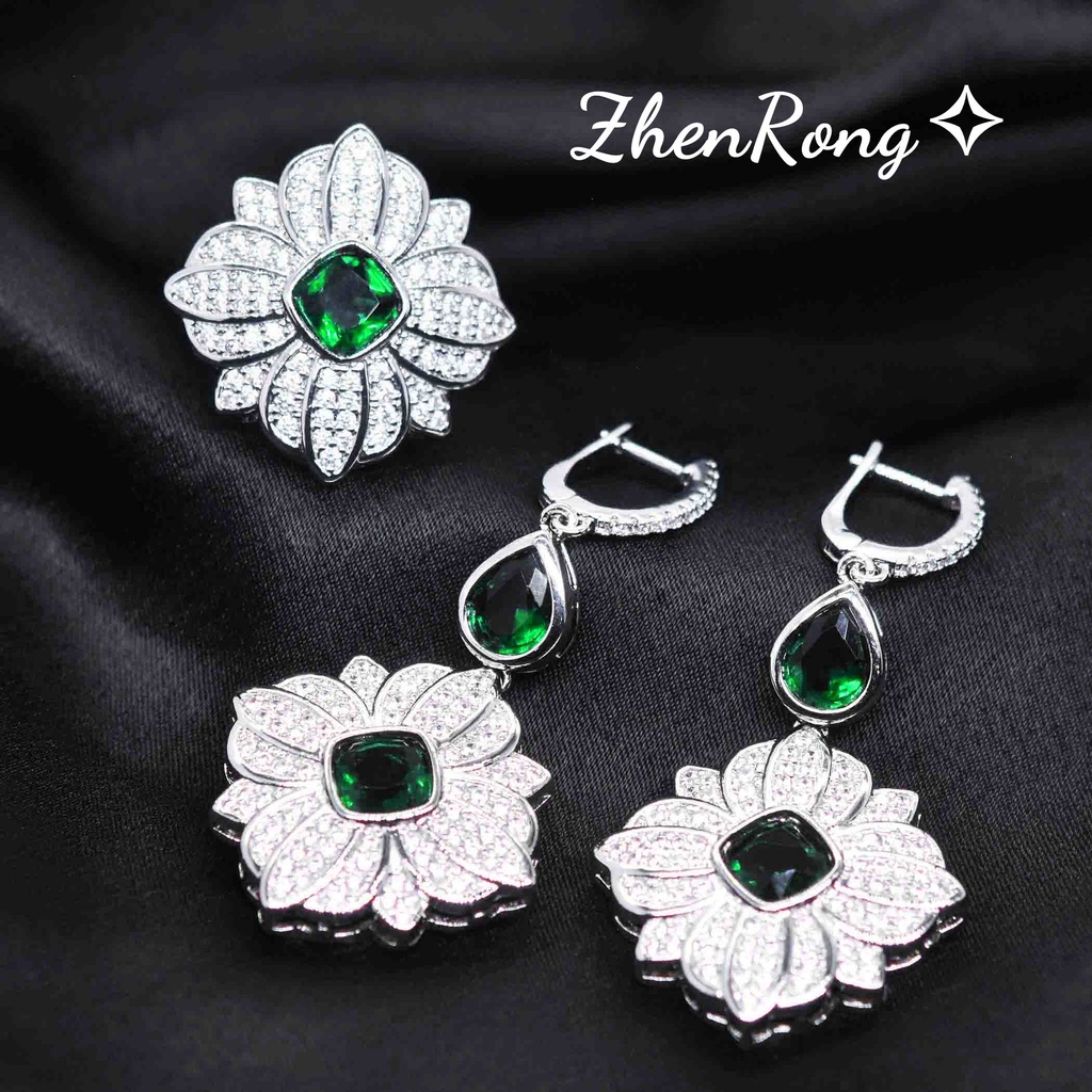 Goldkingdom Fashion Perhiasan Aksesoris Ready Stock Hijau Tetesan Air Persegi Kelopak Zirkon Set Wanita Empat Daun Rumput Anting Liontin Cincin