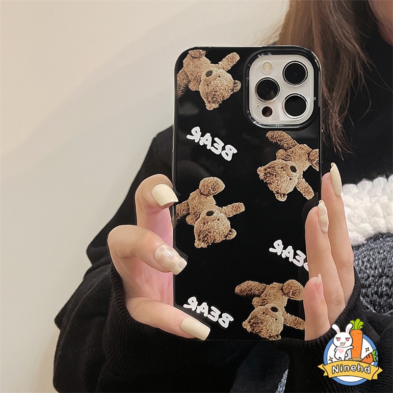 IPHONE Casing Kompatibel Untuk Iphone14 13 12 11 Pro Max X Xr Xs Max8 7 6 6s Plus SE 2020 Pasang Merek Teddy Bear Hitam Mengkilap Casing Ponsel Pelindung Lensa Shock Resistant Silicone Soft Case