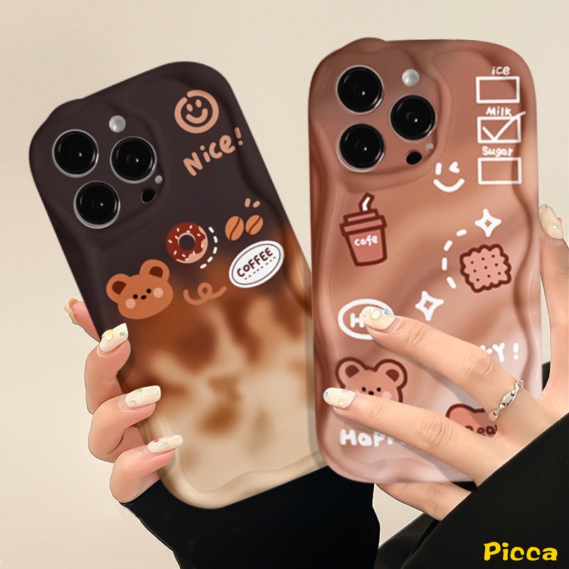 Casing Tepi Melengkung Bergelombang 3D Untuk Redmi 9A 10C 9T 9C 10 9 A1 10A 9C NFC A2 Redmi Note 11 10 8 9 11s 10s 10Pro 10 Pro Max Plus POCO M3 Kartun Beruang Lucu Kopi Donat Gradasi Lembut Sarung