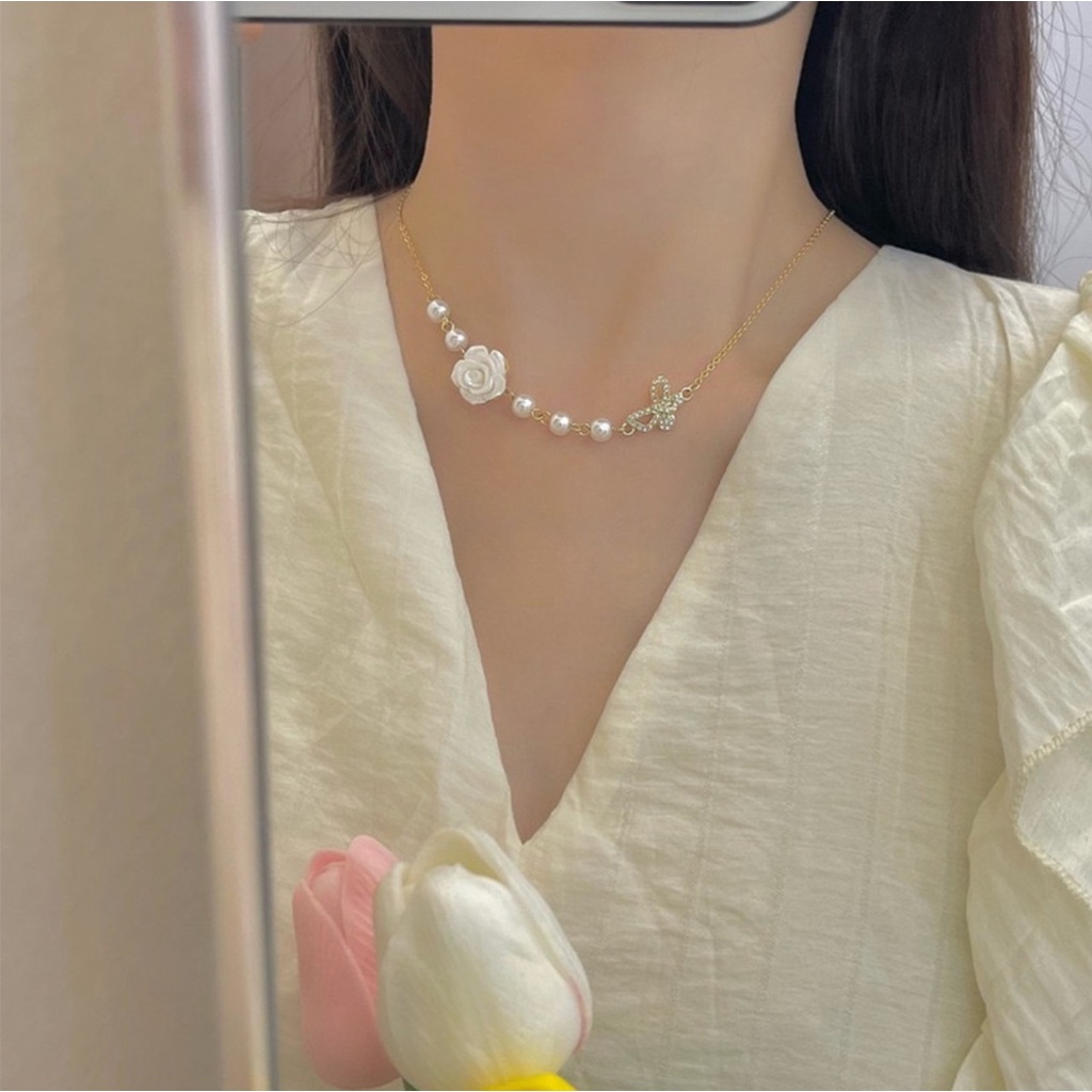 Kalung Liontin Wanita N3767 WHITE ROSE Gaya Korea Fashion Women Pearl Necklace