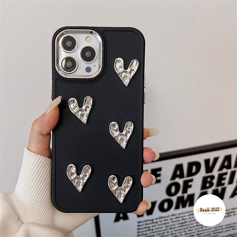 IPHONE Casing Persegi Plating Cinta Hati 3D Kompatibel Untuk Iphone11Xr 7Plus 8Plus 14 12 13 11 Pro MAX X XS MAX Mewah Mode Canggih Simple Solid Macaron Warna Permen Lembut Ponsel Cover