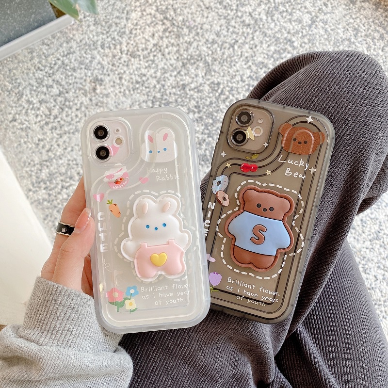 IPHONE Air sac Penebalan Pelindung case Untuk Iphone14 13 12 11 Pro MAX X XR XS Max7 8 Plus Stereoskopik Kartun Beruang Kelinci Lucu Anti-drop