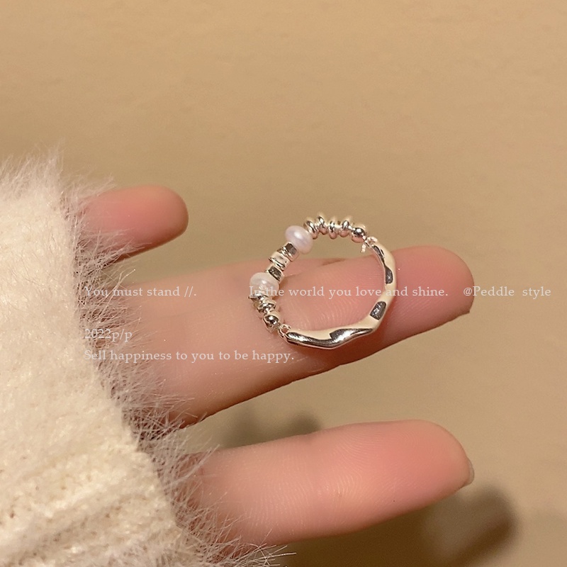 Cincin Perak Untuk Wanita Fahsion Elastis Blok Logam Mutiara Beads Rings Aksesoris Perhiasan