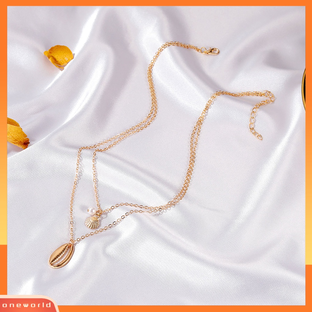 [ONE] Wanita Alloy Mutiara Imitasi Shell Liontin Manik-Manik Rantai Double Layer Choker Kalung Untuk Pesta