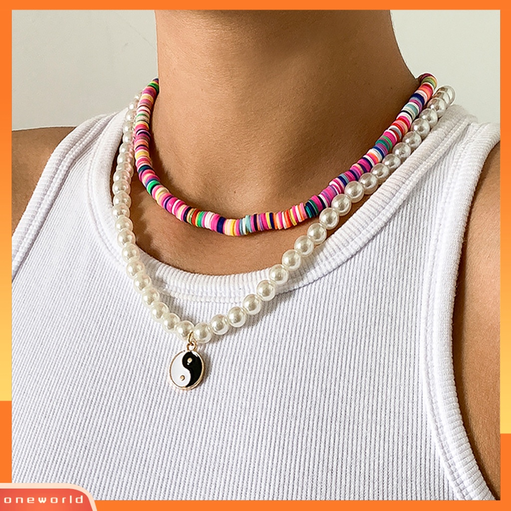 [ONE] 2pcs Wanita Kalung Manik-Manik Warna-Warni Motif Tai Chi Liontin Perhiasan Vintage Chokers Adjustable Untuk Pesta