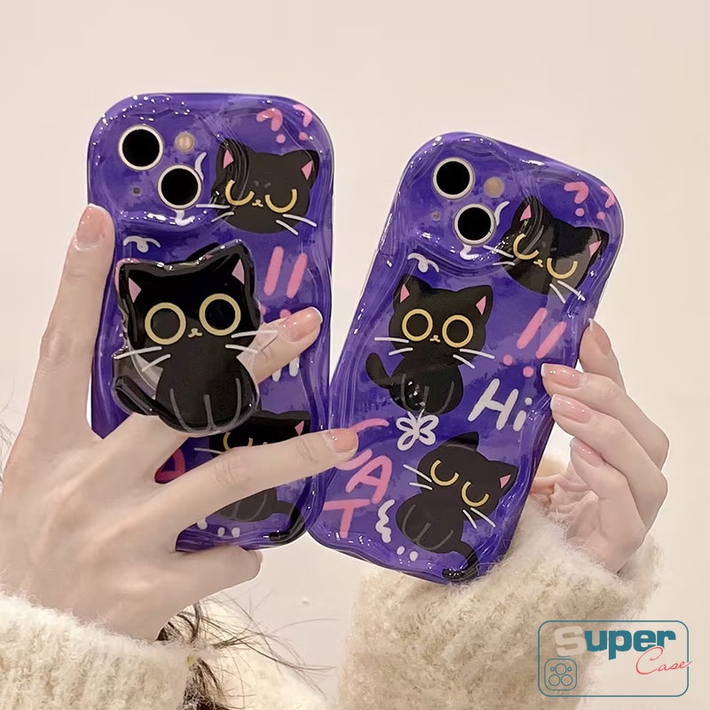 Casing Bracket Stand Kartun Indah Kompatibel Untuk iPhone XR 11 14 13 12 Pro Max7 8 6 6s Plus X XS Max SE 2020 Lembut 3D Wavy Curved Edge Cute Cat Case Cover Dengan Ponsel Hloder