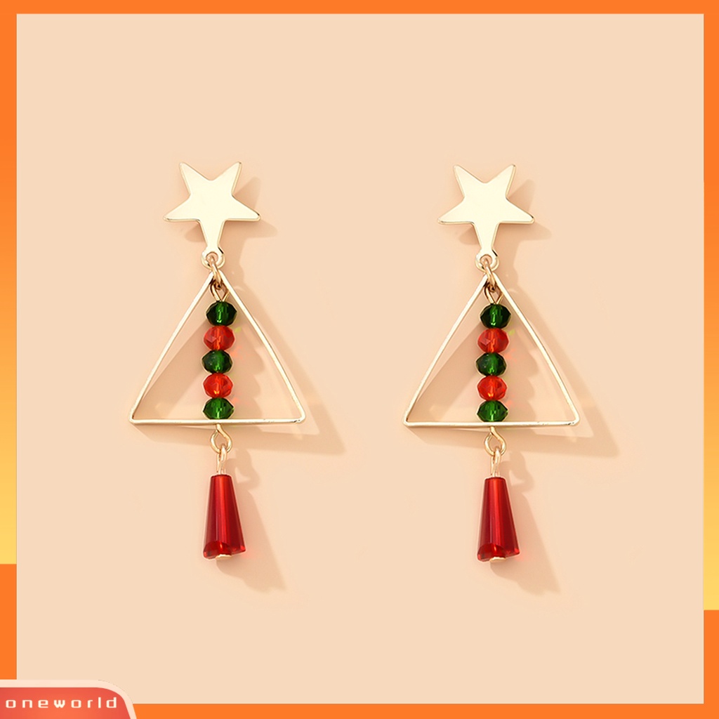 [ONE] 1pasang Anting Pejantan Bintang Emas Berongga Segitiga Manik-Manik Berwarna Rumbai Temperamen Lucu Pohon Natal Drop Earrings Fashion Perhiasan