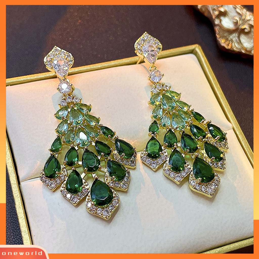 [ONE] 1pasang Drop Earrings Faux Green Kristal Bulu Bentuk Elegan Vintage Hadiah Cantik Nonallergic Berlian Imitasi Bertatahkan Menjuntai Anting-Anting Perhiasan Fashion