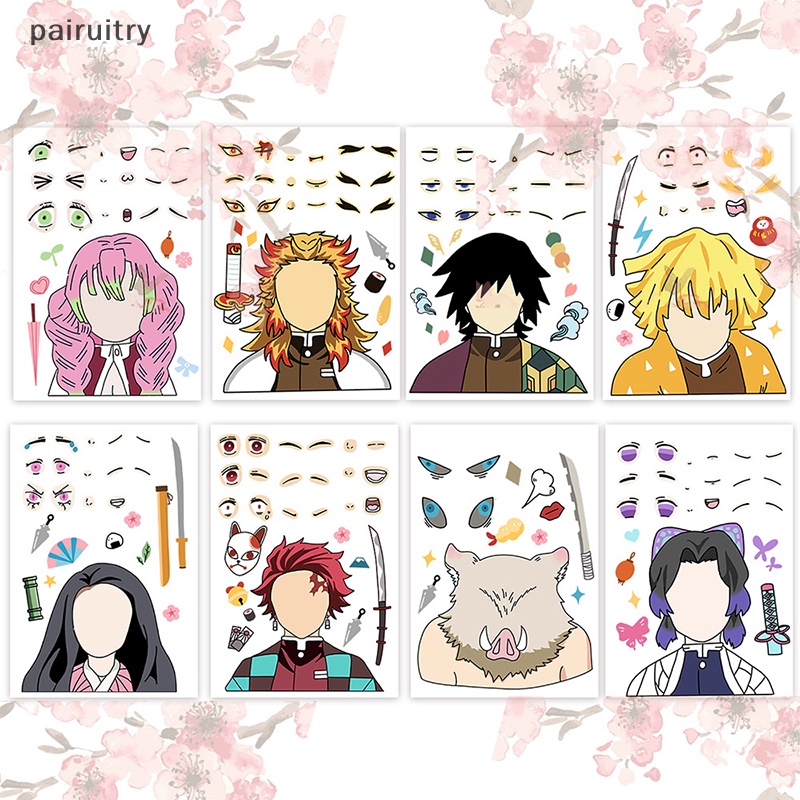 Prt 8PCS Anak DIY Puzzle Stiker Demon Slayer Wajah Lucu Merakit Anime Kreatif Tahan Air Stiker Mainan Anak Cowok Cewek Hadiah PRT