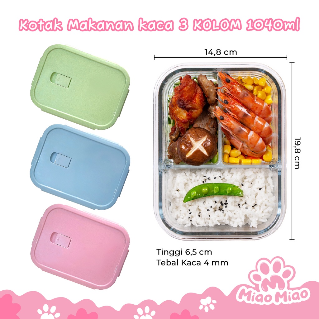 [3 KOLOM 1040ml] Kotak Makanan Kaca Tahan Panas - Oven &amp; Microwave Safe - Bekal Makan Anti-bocor