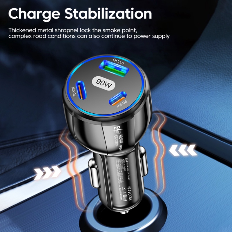 3-in-1 90W Charger Mobil 3port USB +2PD Tipe C Pengisian Cepat QC3.0 Adaptor Telepon Charge Aksesoris Otomatis