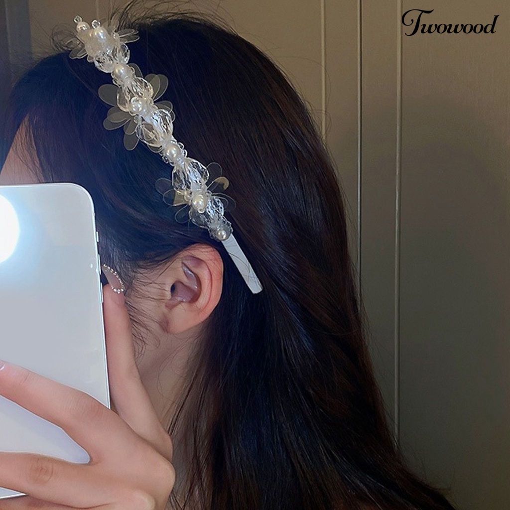 Twowood Bridal Headband Shiny Elegan Indah Eye-catching Palsu Mutiara Dekorasi Palsu Kristal Bunga Bando Pesta Supply