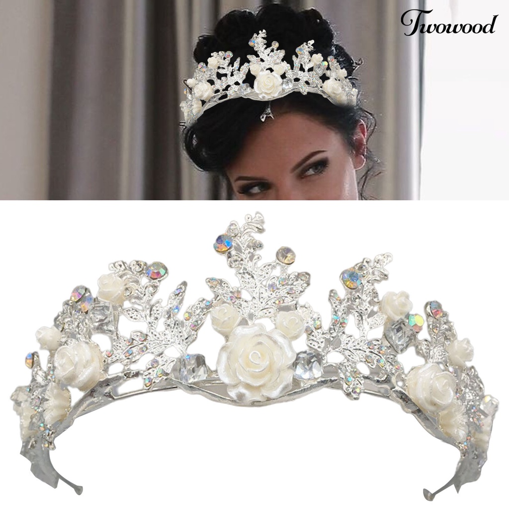 Twowood Shiny Rhinestones Mulia Elegan Pernikahan Mahkota Halus Bunga Daun Bentuk Rambut Pengantin Mahkota Headband Aksesoris Rambut