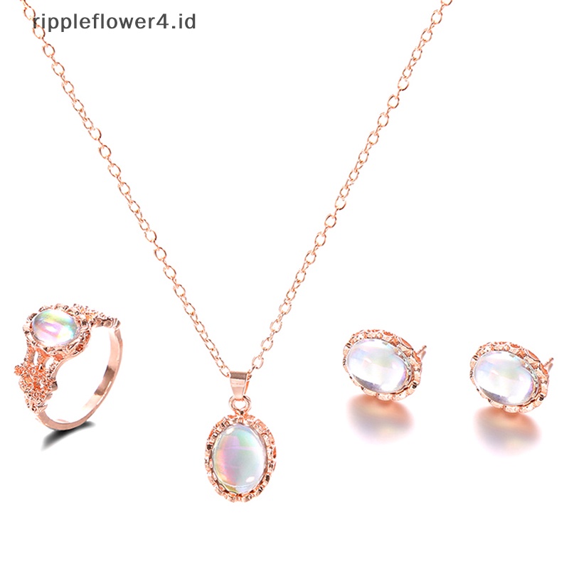 {rippleflower4.id} Aurora Oval Zirkon Kalung Anting Cincin Set Perhiasan Wanita Romantis Lapis Emas Imitasi Opal Hadiah Aksesoris~