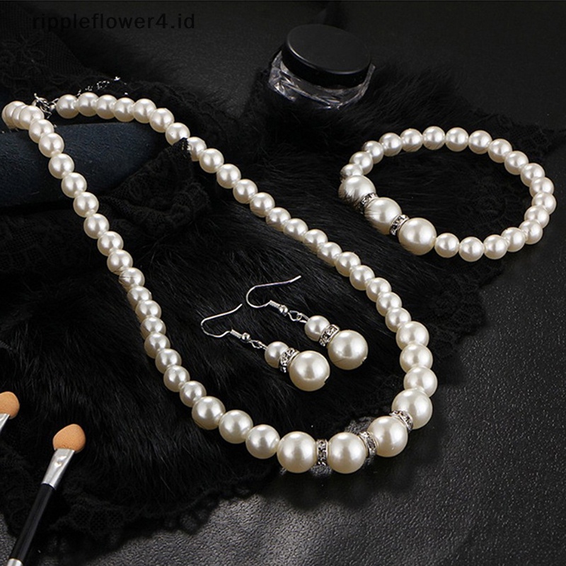 {rippleflower4.id} Kalung Gelang Anting Mutiara Set Pengantin Perempuan Pesta Pernikahan Hadiah Natal~
