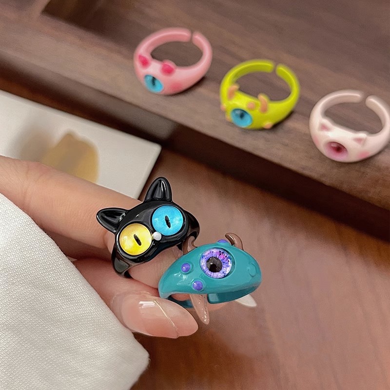 Lucu Kartun Monster Cincin Kucing Hitam Pembukaan Cincin Gothic Punk Mata Cincin INS Manis Keren Jari Cincin Sahabat Pasangan Cincin Wanita Fashion Perhiasan Aksesoris