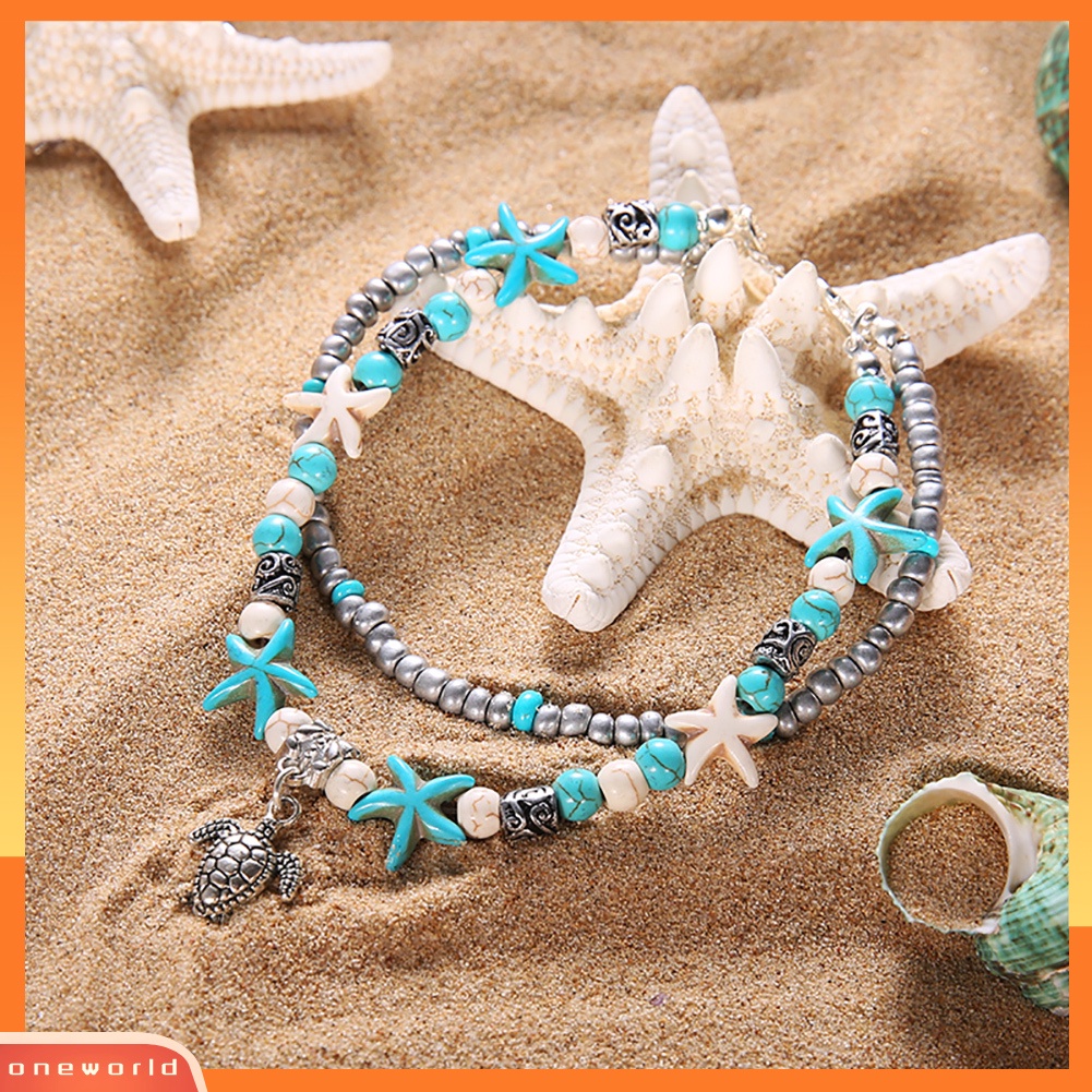 [WOD] Boho Double Layer Beaded Turtle Charm Turquoise Chain Gelang Kaki