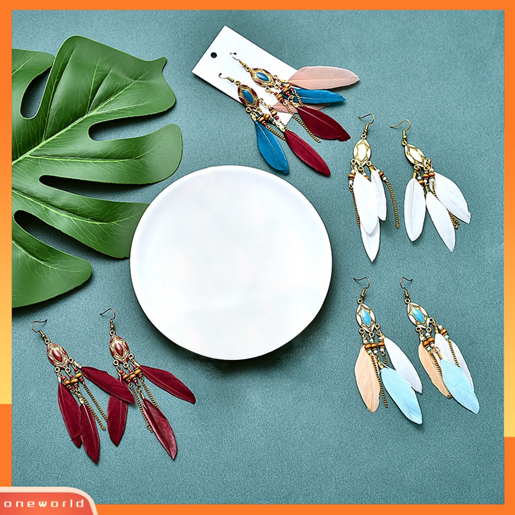 [WOD] 1pasang Anting Drop Beads Feather Jewelry Anting Kait Panjang Multiwarna Untuk Pesta