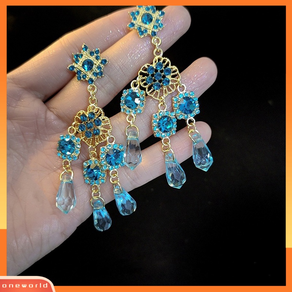 [WOD] 1pasang Anting Menjuntai Rumbai Kristal Imitasi Anting Drop Panjang Vintage Biru Untuk Pernikahan