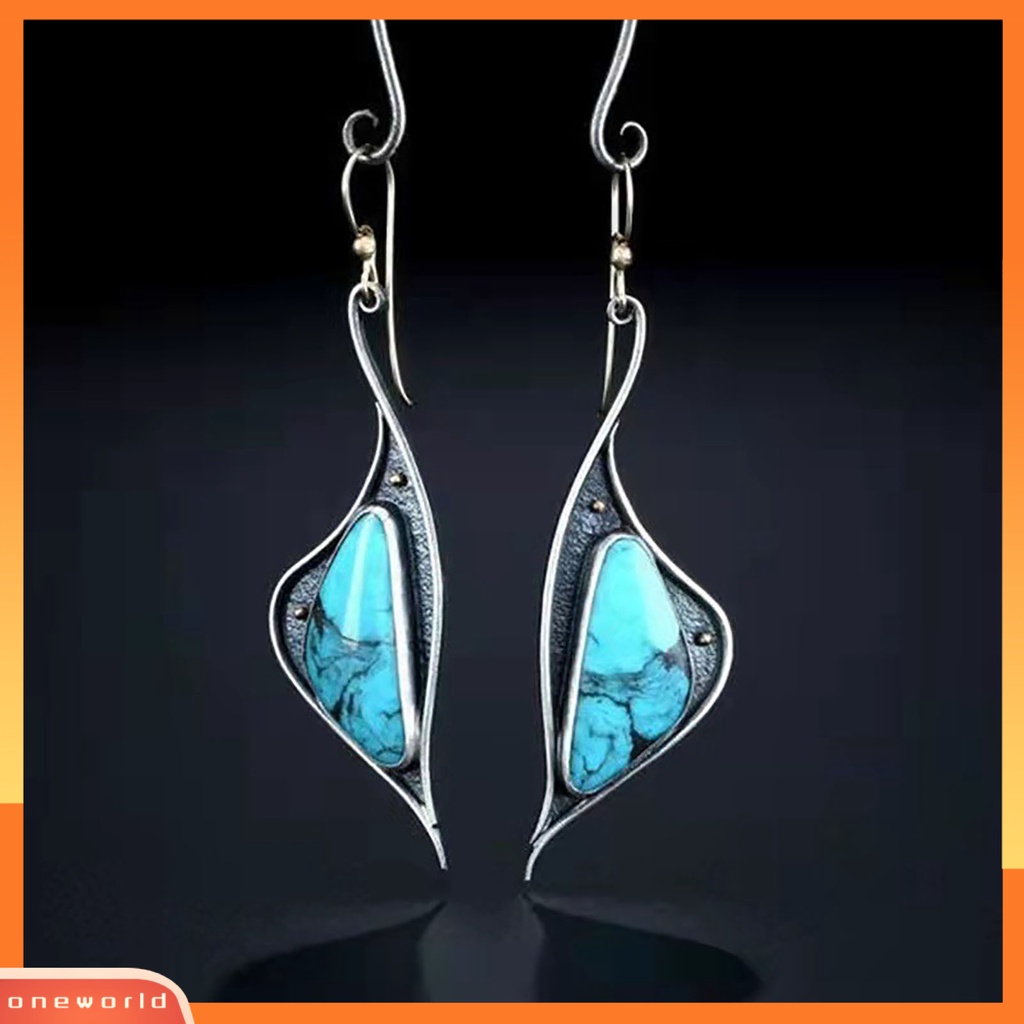 [WOD] 1pasang Tindik Compact Lady Earrings Alloy Blue Turquoise Irregular Hook Menjuntai Anting Perhiasan Aksesoris