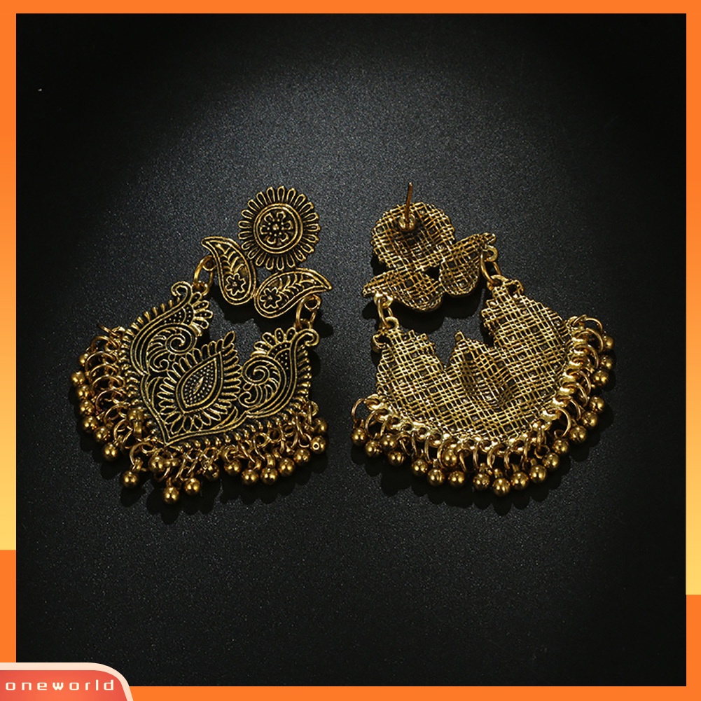 [WOD] Vintage Etnik Bulat Bola Lonceng Ukir Drop Stud Anting Wanita Perhiasan Hadiah