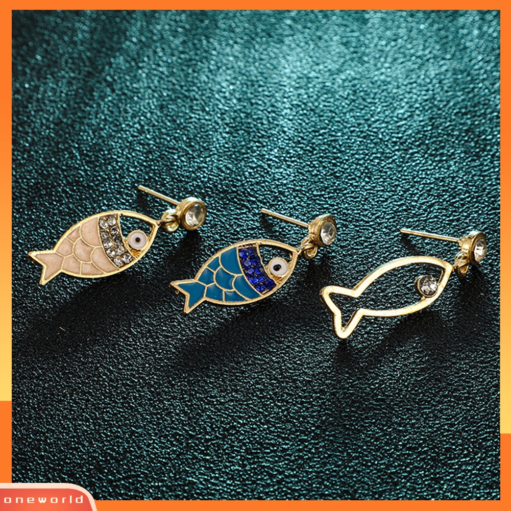 [WOD] 3pcs/set Bohemian Berongga Ikan Berlian Imitasi Pesona Stud Anting Wanita Perhiasan Hadiah