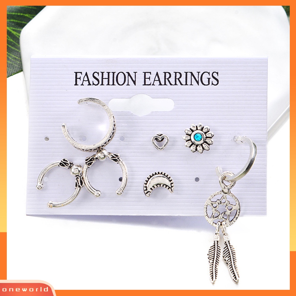 [WOD] 7pcs Retro Wanita Penangkap Mimpi Bulan Hati Bentuk C Anting Hoop Ear Studs Set